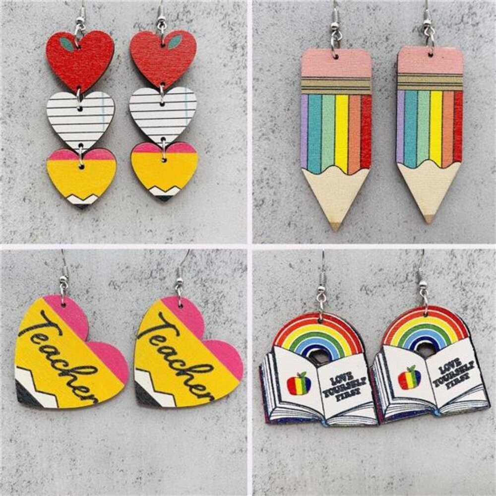 5 Pairs Colorful Back to School Teacher Earrings for Women Fun Earrings Playful - Picture 2 of 6